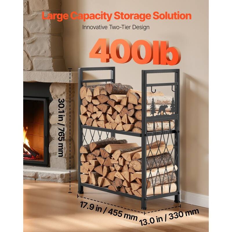 2 Tier Black Wrought Iron Firewood Storage Rack with Reinforced Corners and 4 Fireplace Tools - 17.72” x 12.40” x 16.34”