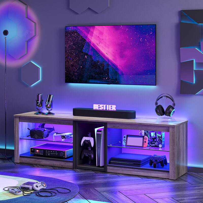 63" TV Stand Gaming Entertainment Center for TVs up to 70" with LED Lights Cabinet and Shelves