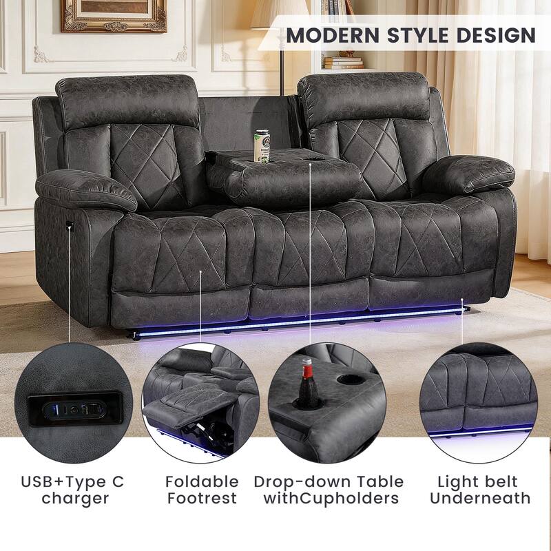 2PC Soft Microfiber Power Reclining Chair, LED Light, Bluetooth Speaker, Type-C and USB Charger