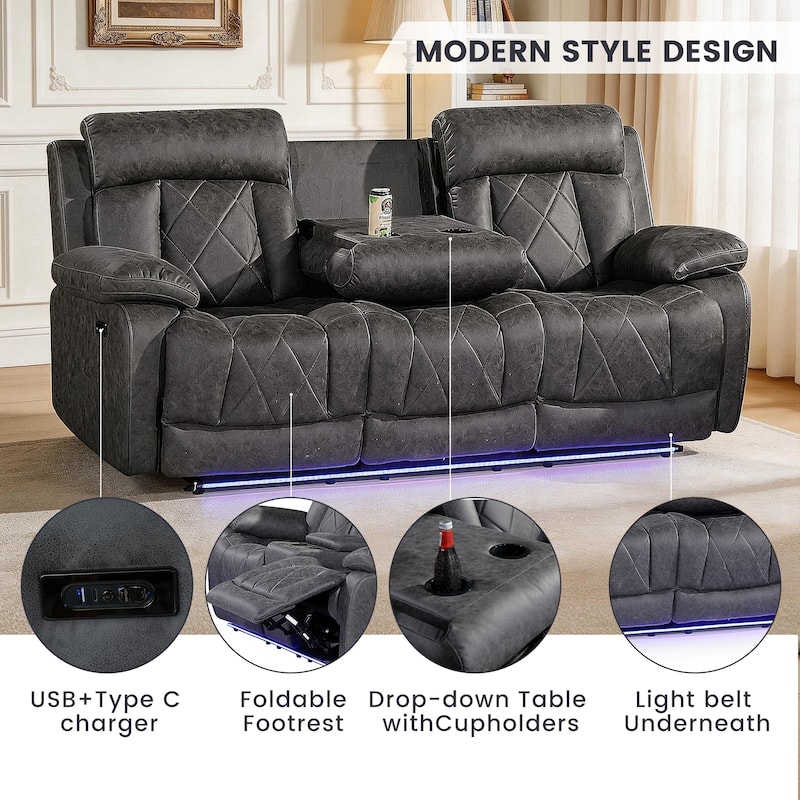 3PC Soft Microfiber Power Reclining Chair, LED Light, Bluetooth Speaker, Type-C and USB Charger, Recliner
