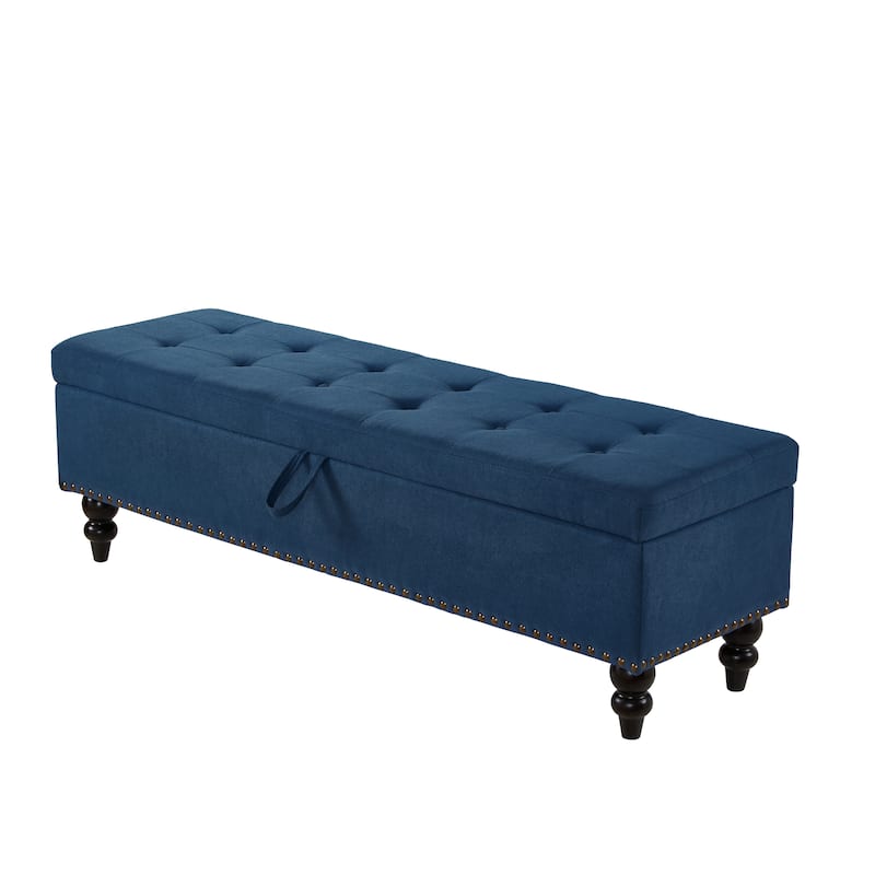 59" End of Bed Bench with Storage, Modern Linen Upholstered Entryway Ottoman Bench, Footrest Stool with Solid Wood Frame