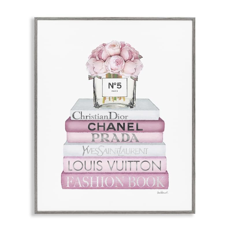 Stupell Pink Rose Bouquet and Fashion Designer Bookstack Framed Wall Art - 16 x 20 - Grey