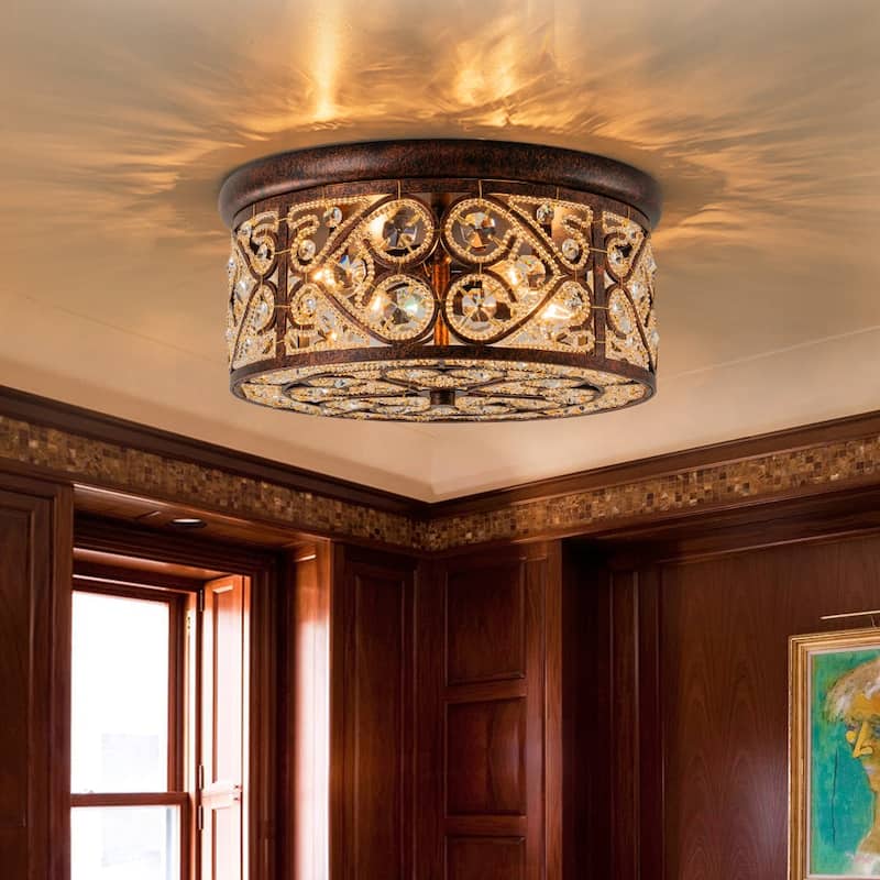 Spanish Vintage Crystal Bronze Drum Flush Mount Light - 13.8in