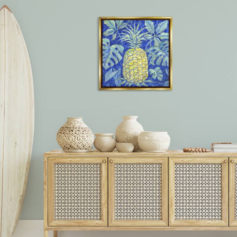 Stupell Tropical Pineapple on Blue Framed Floater Canvas Wall Art Design By Paul Brent