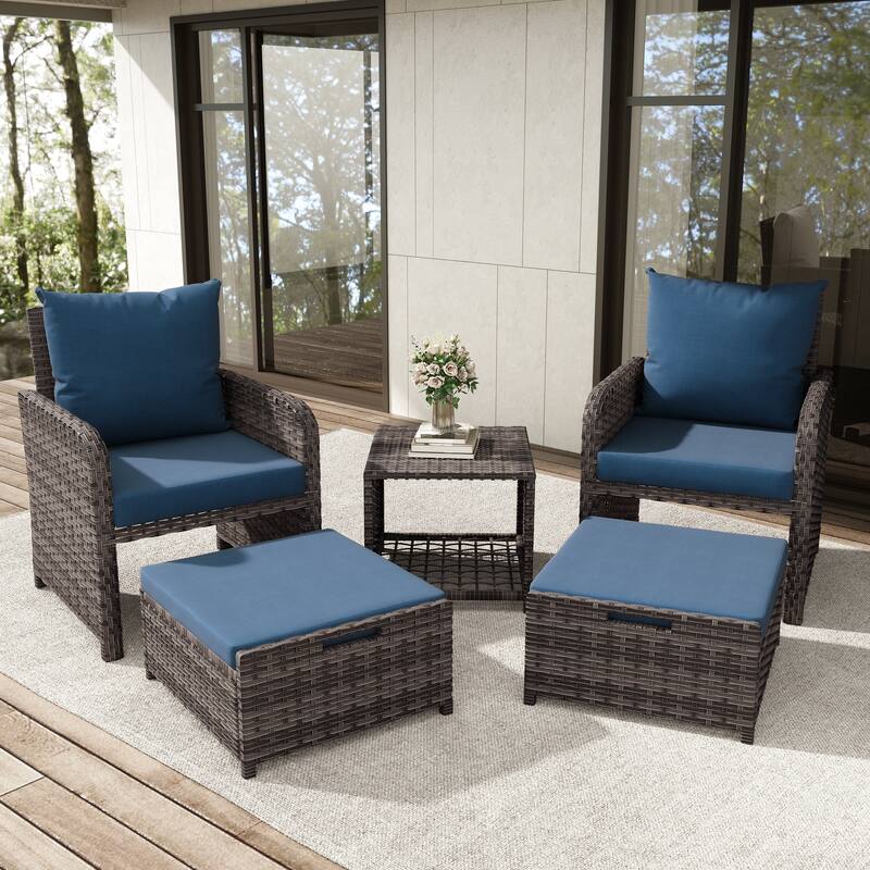 5-Piece PE Rattan Outdoor Patio Set with 2 Chairs, 2 Ottomans, Coffee Table