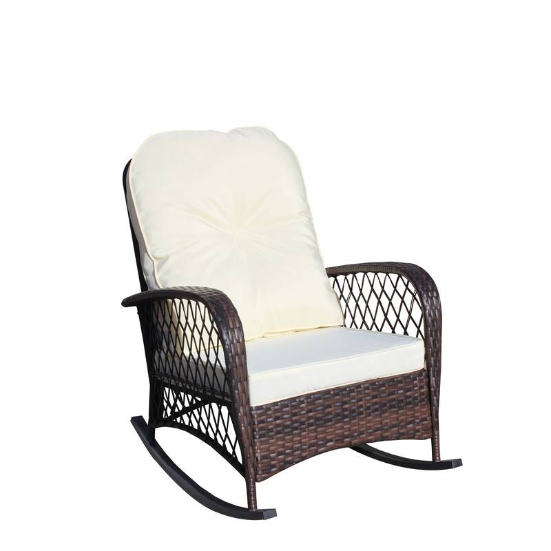 Outdoor Wicker Rocking Chair with Wide Seat, Thick, Soft Cushion, Rattan Rocker w/Steel Frame, High Weight Capacity