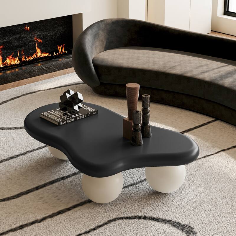 47 Inch Modern Cloud Shaped Coffee Table Irregular Top Coffee Table with 3 Ball Legs Round Corners, for Living Room