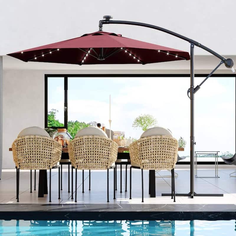 10FT Patio Outdoor Offset Umbrella with Lights for Deck Poolside Lawn Backyard