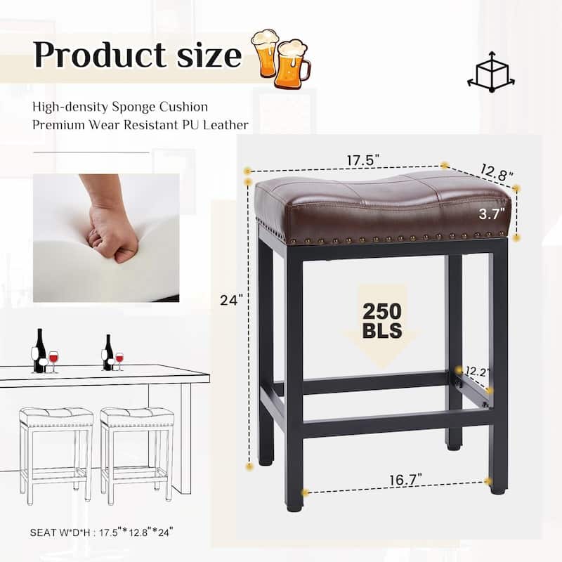 24 in. H Upholated PU Leather Thick Saddle Seat Counter Bar Stools Set of 2, Kitchen Chairs with Metal Base