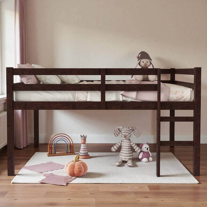Full Size Loft Bed with Ladder, Solid Rubber Wood Frame Low Height Design with Guard Rails and Under-Bed Storage Space