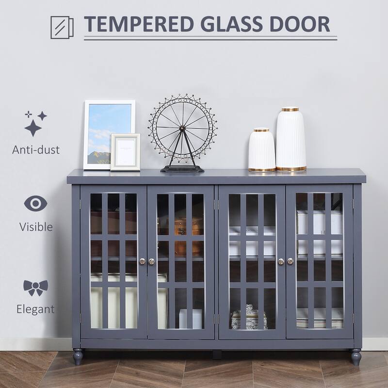 Sideboard, Buffet Cabinet with 4 Tempered Glass Doors, Stripe Pattern and Adjustable Storage Shelf, Credenza
