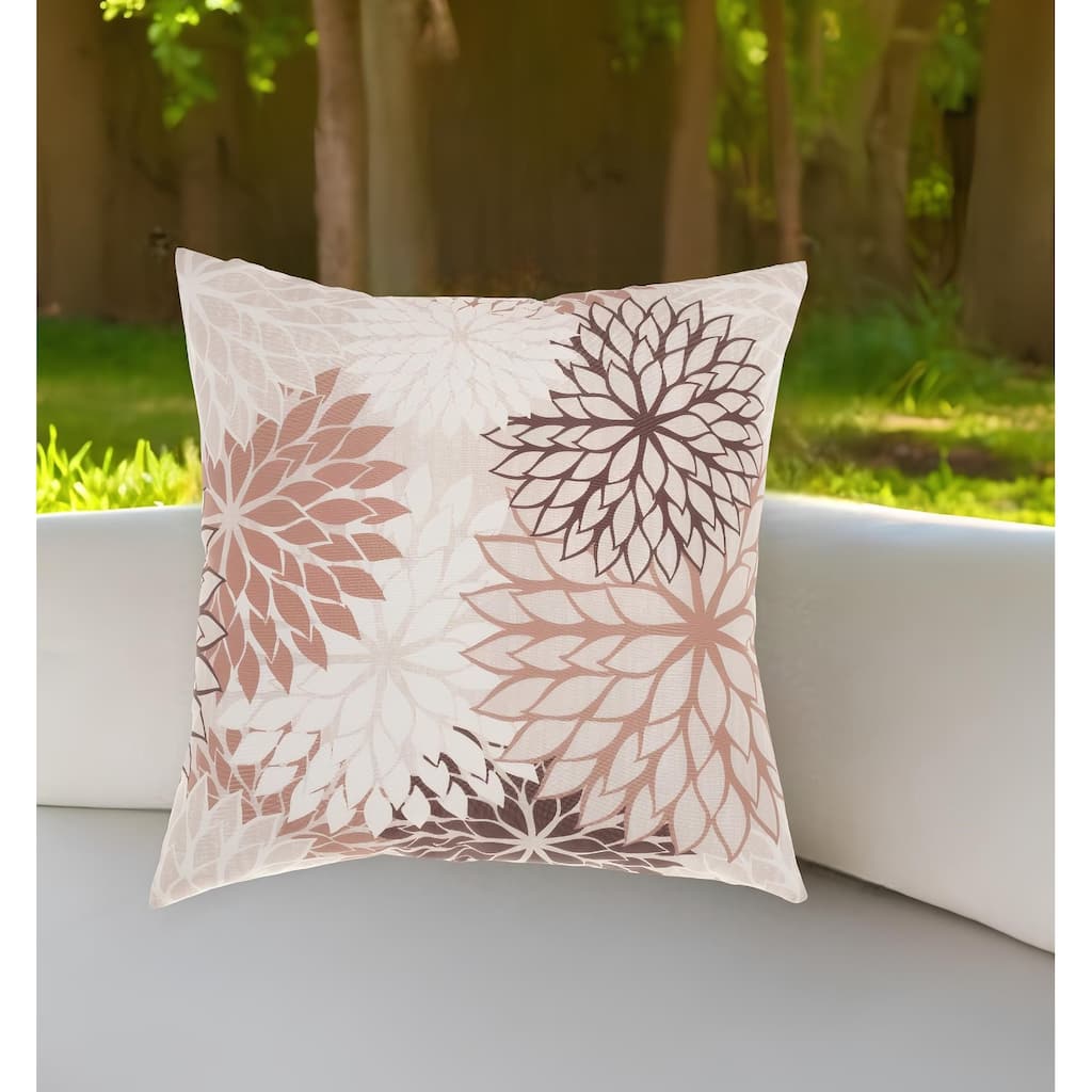 20" Brown Beige and Ivory Floral Indoor Outdoor Throw Pillow - 20" x 20"