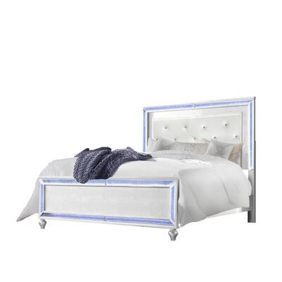 Noel Queen Size Bed with Crystal Tufted Upholstered Headboard, LED, White