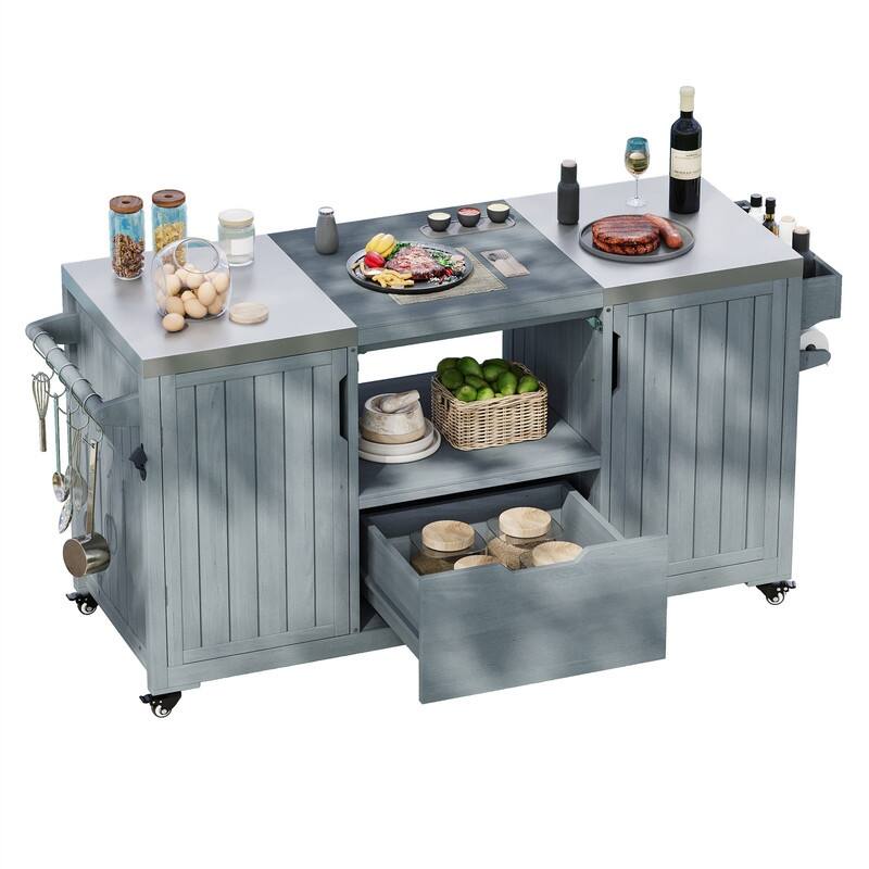 Outdoor Kitchen Island for Big Green Egg Grills, Solid Wood Outdoor Grill Cart w/Stainless Steel Top &Drawer, Patio Kitchen Cart