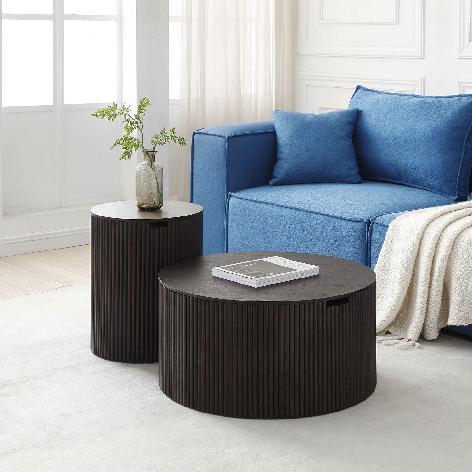 Set of 2 Round Brown Hidden Storage Coffee Table Side End Table with ...