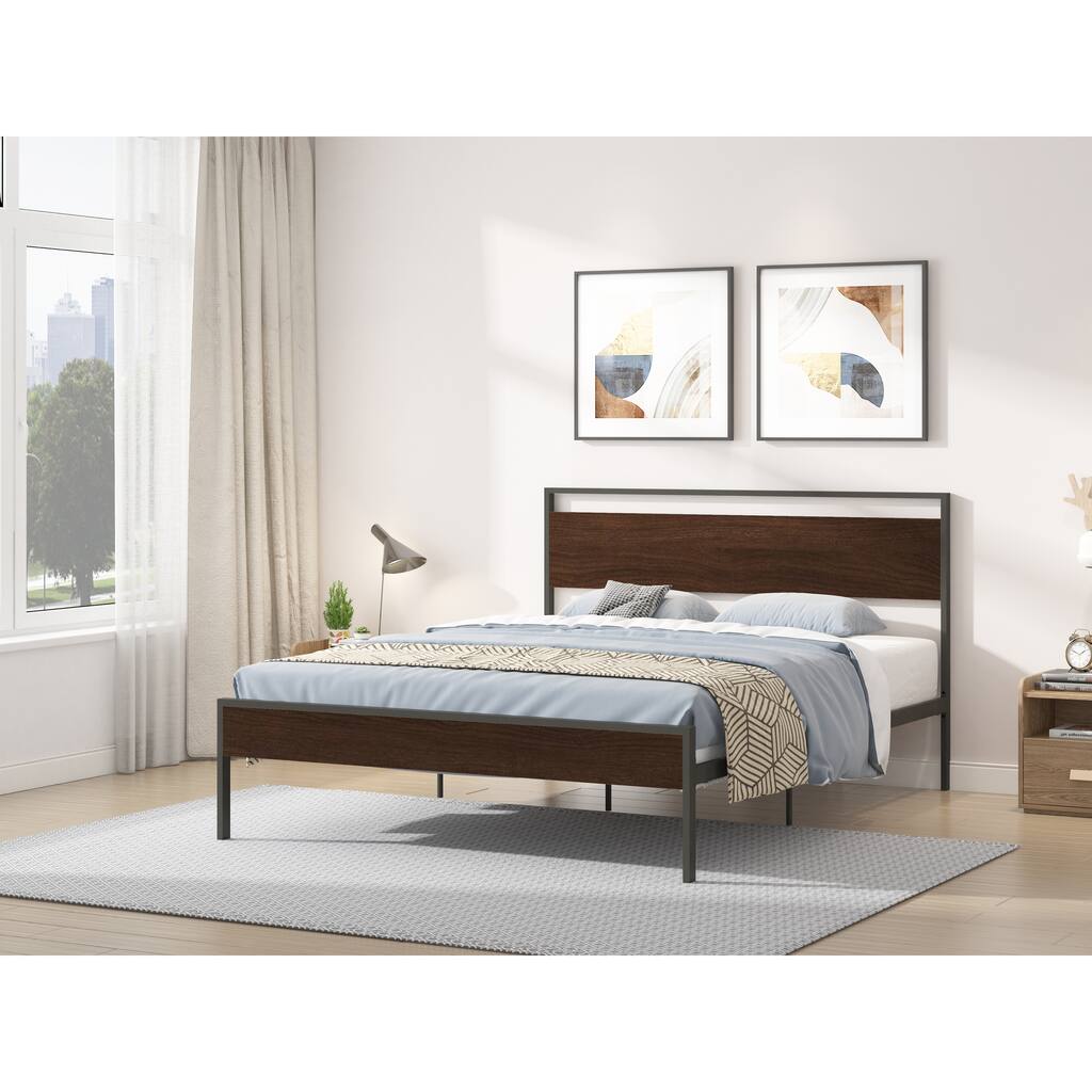 Black Metal and Walnut Brown Wood Queen Platform Bed