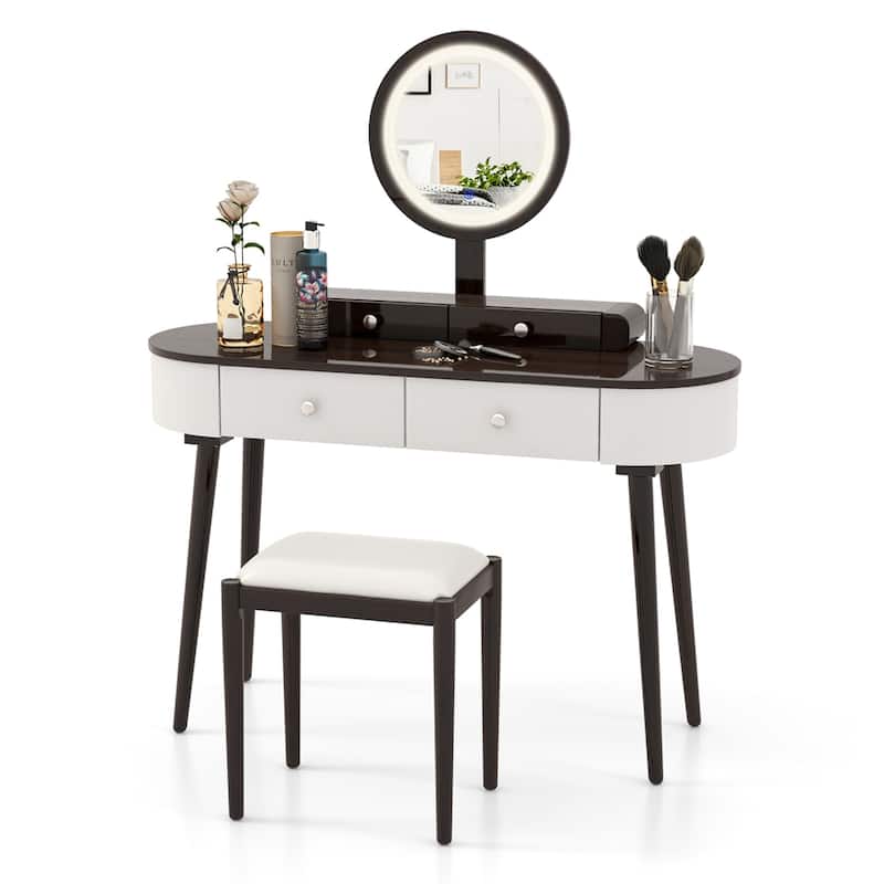 Costway Solid Wood Makeup Vanity Desk Set with LED Lighted Mirror