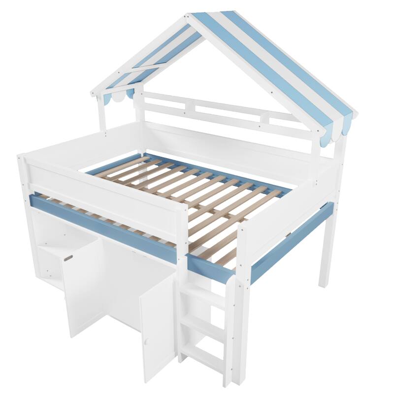 Roomfitters Full Size Loft Bed with House Canopy Roof and Storage Cabinet