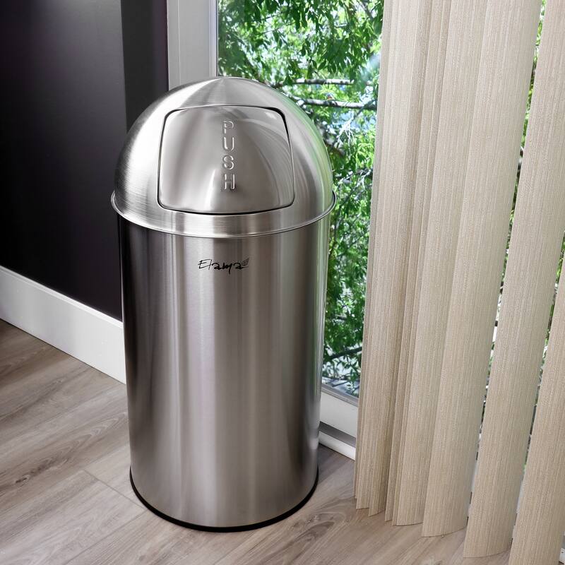 Elama 50 Liter Large 13 Gallon Push Lid Stainless Steel Cylindrical Home and Kitchen Trash Bin in Matte Silver