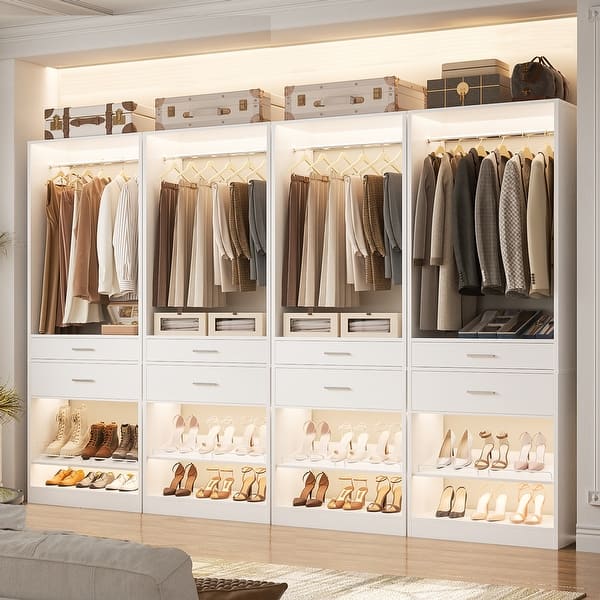 slide 2 of 32, 25'' W Freestanding Closet System with 2 Wooden Drawers and Adjustable Shoes Rack and Hanging Rod,Walk-in Closet Organizer