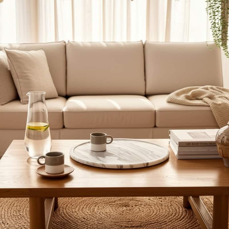 Marble Stone Decorative Tray Round Chiseled Design - 16" Ivory - 16" x 16" x 2"