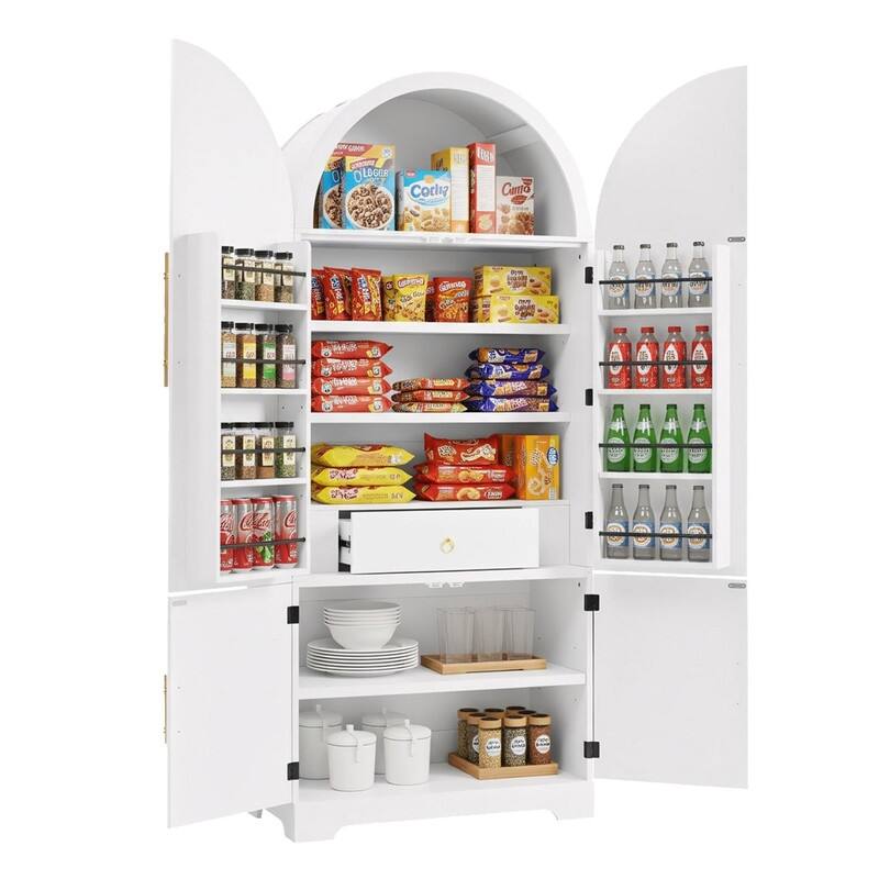 Arched 72" Tall Kitchen Pantry Cabinet with 8 Door Shelves and 3 Adjustable Shelves for Kitchen Storage Solutions
