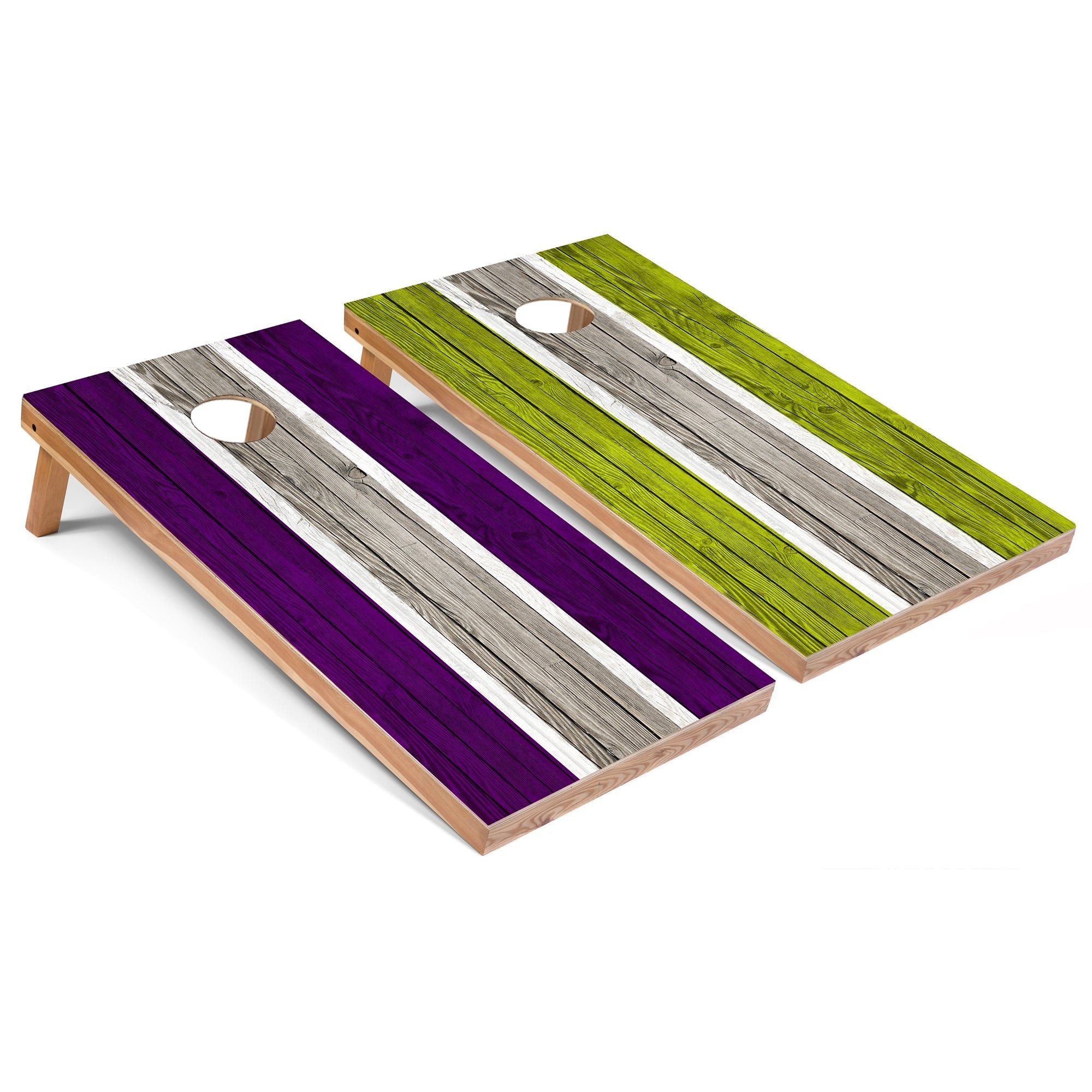 Purple and Lime Striped Outdoor Cornhole Set