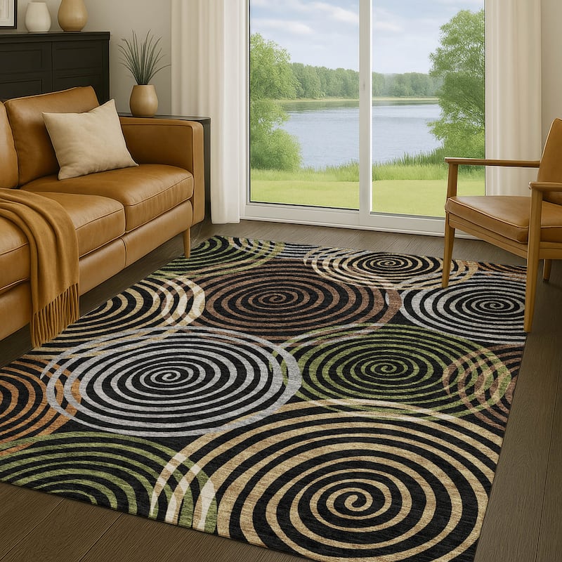 Machine Washable Indoor/ Outdoor Contemporary Swirls Chantille Rug