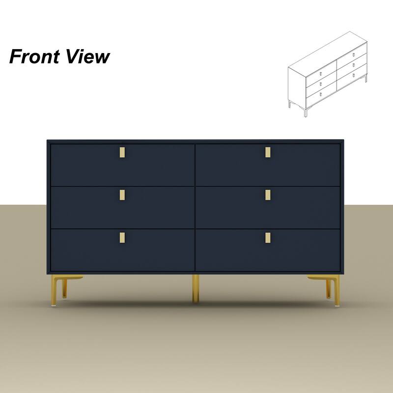 55.1"W 6-Drawer Double Dresser Black Gold Storage Cabinet Chest