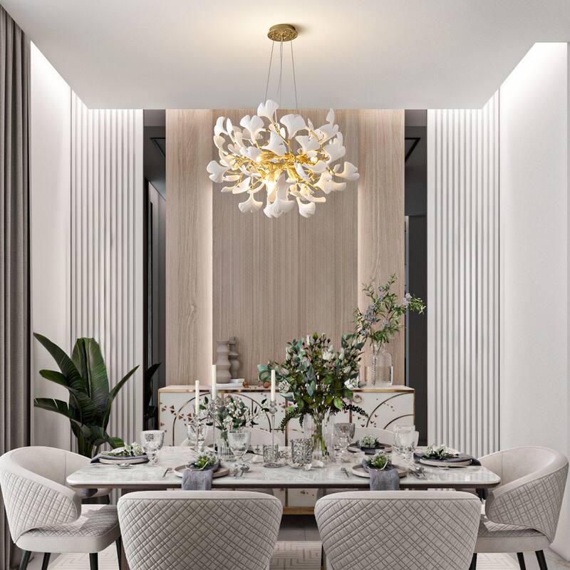 Modern Ginkgo Leaf Ceramic Chandelier, Moon Ring Round Pendant Light, D550-D1200, Gold Finish