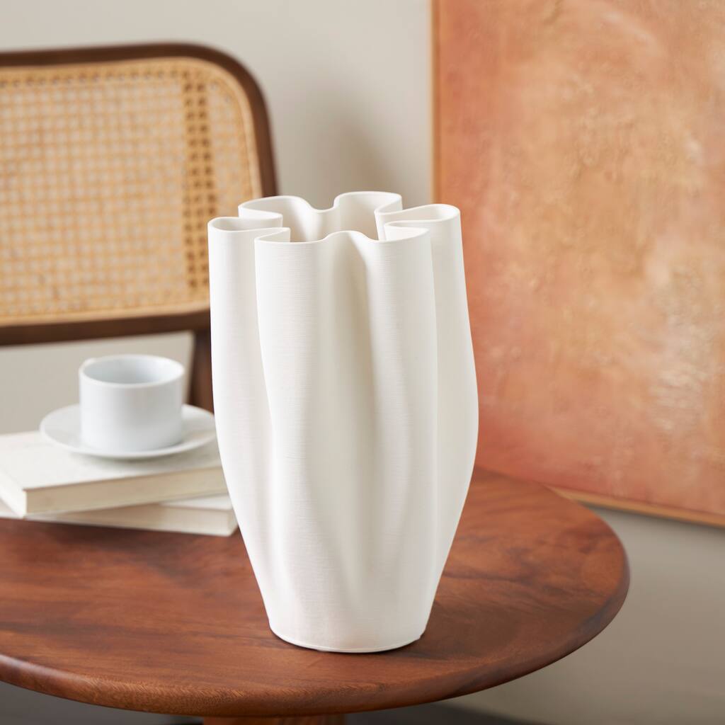 White Ceramic Ribbed Dimensional Folded Abstract Decorative Vase with Floral Shaped Rim