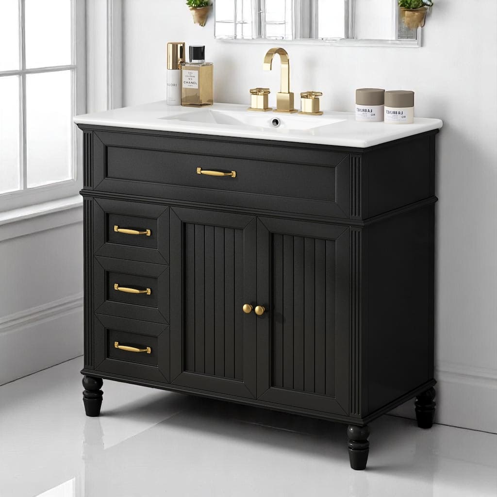 36" Bathroom Vanity with Undermount Sink, Freestanding Black Cabinet, Gold Handles, Storage Drawers, and MDF Design