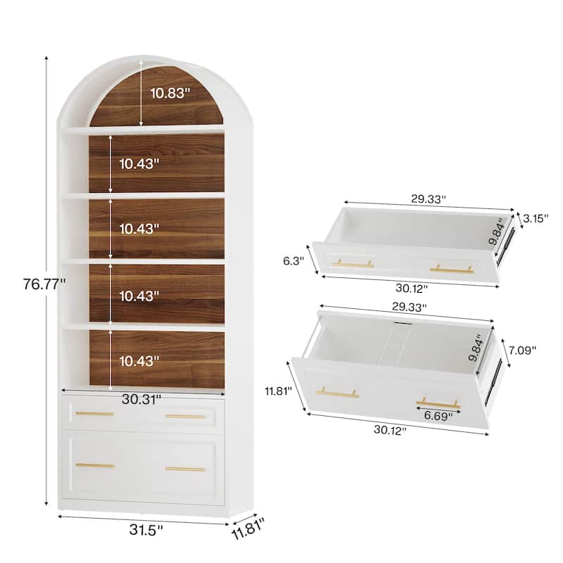 76.8" Tall Arched Bookcase, 5-Tier Modern Bookshelf with File Cabinet Drawer