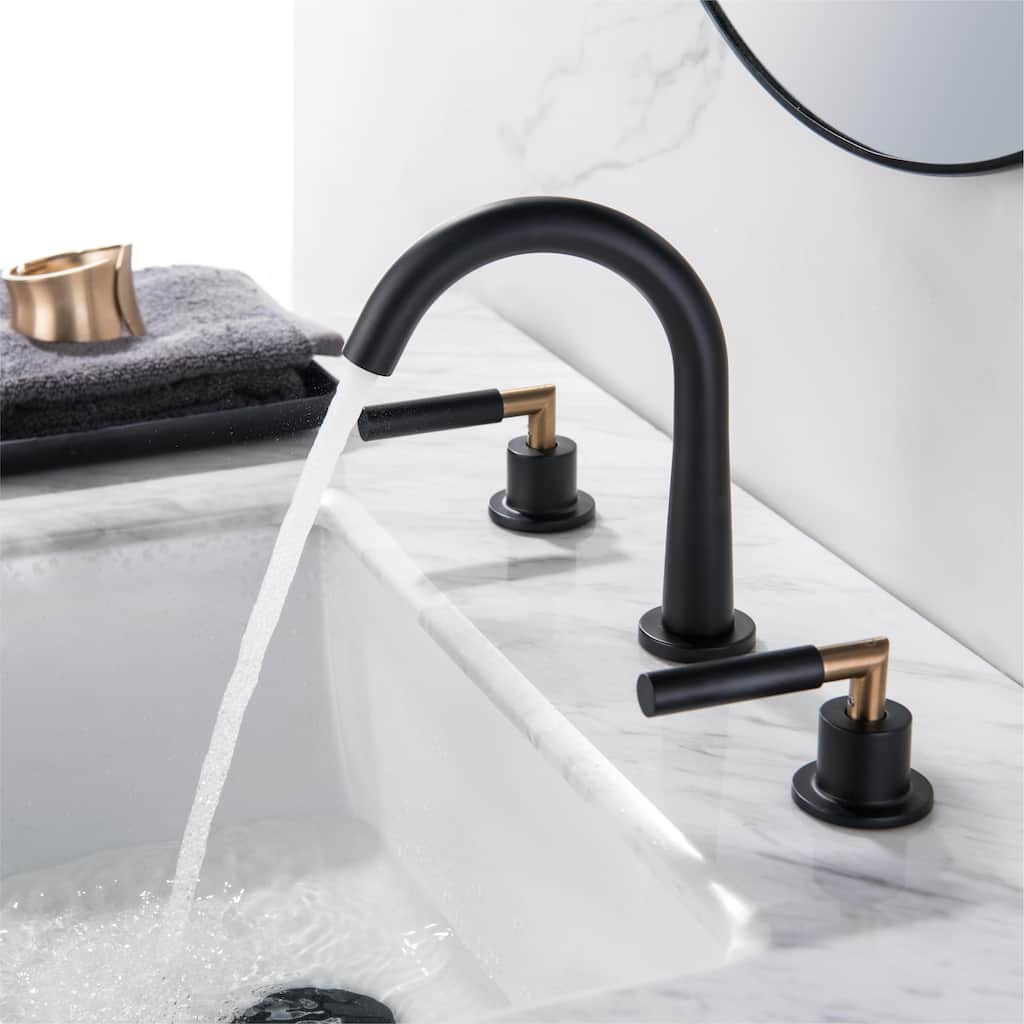 Classic Black 3-hole Gooseneck Bathroom Sink Faucet Widespread with 2 Handles
