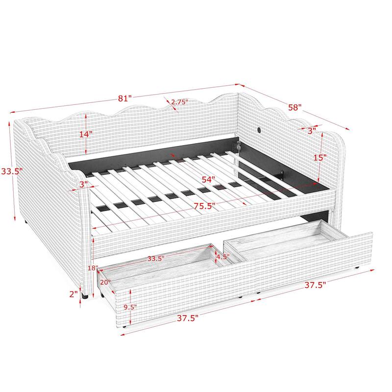 Full Size Gingham Upholstered Daybed with USB Port, Two Storage Drawers and Wave Shaped Design
