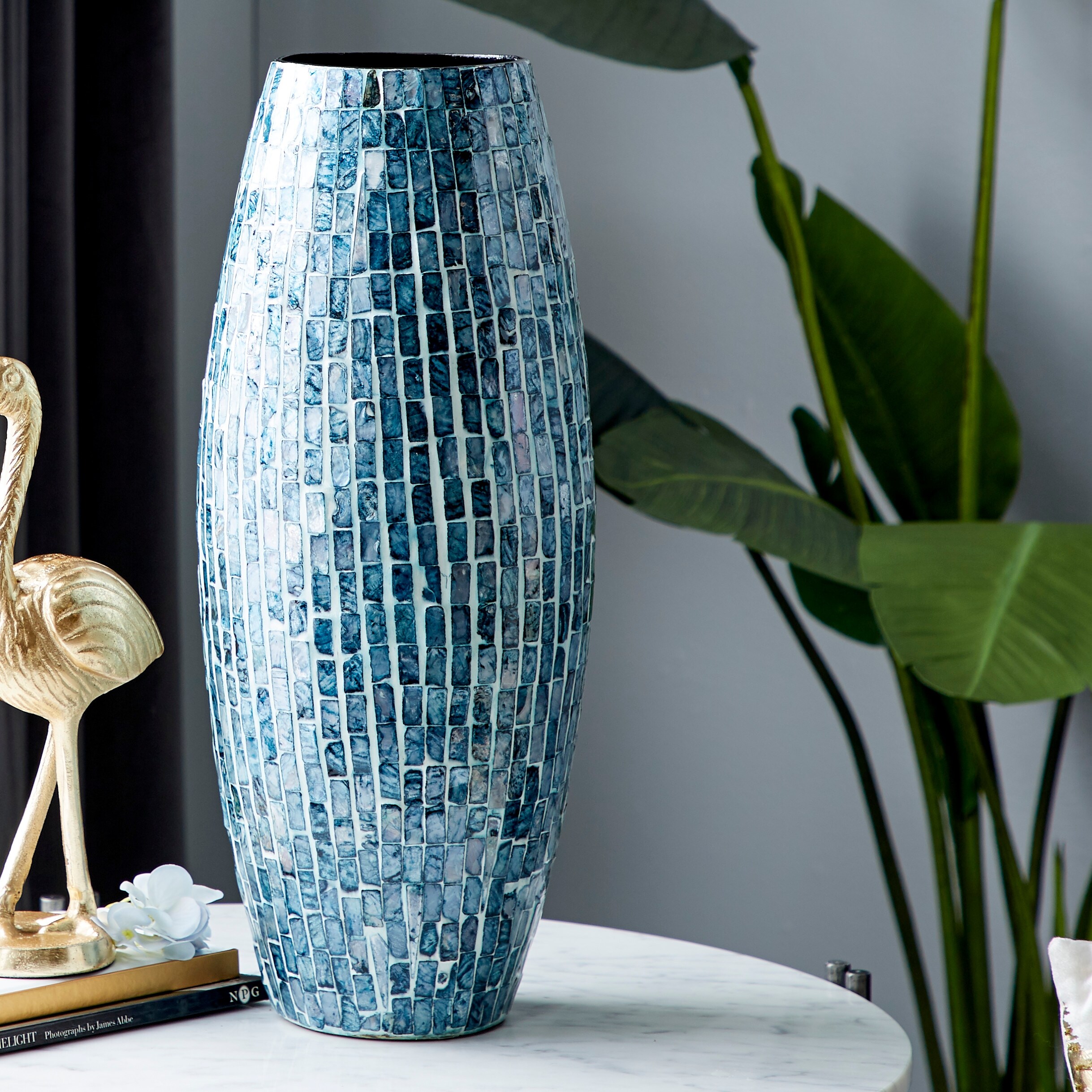Blue Mother of Pearl Shell Handmade Mosaic Inspired Decorative Vase