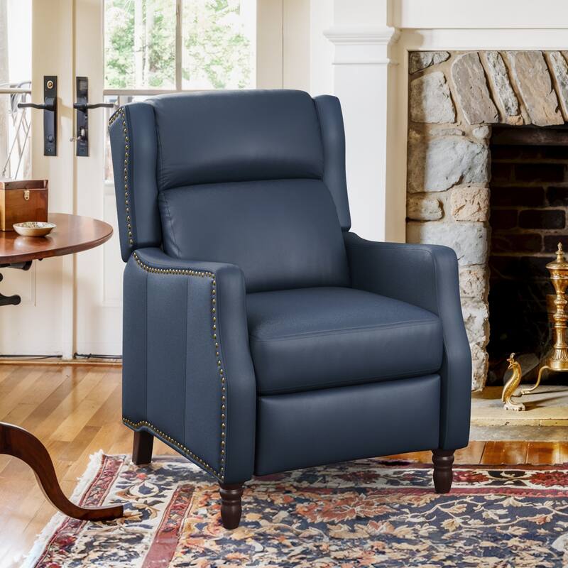 Modern Genuine Leather Push Back Recliner Adjustable Recliner Chair with 3-Position Seat - Navy Blue