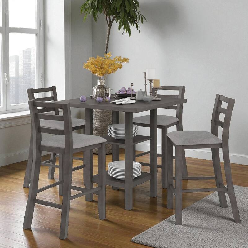 5-Piece Counter Height Dining Set, 35.4" Square Wood Table with Storage Shelf and 4 Upholstered Chairs for Kitchen
