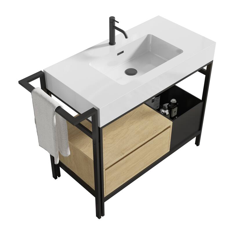 36" Industrial Modular Bathroom Vanity - Metal Frame with Seamless Artificial Stone Basin(Drain & Faucet Not Included)