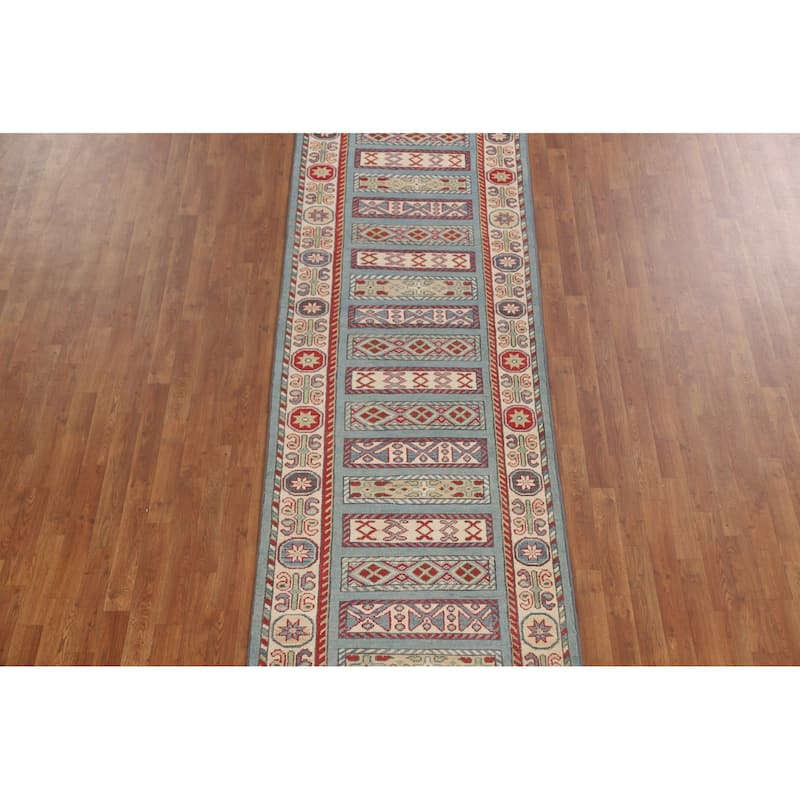 Blue Geometric Kazak Runner Rug Hand-Knotted Traditional Wool Carpet - 3'4" x 16'4"