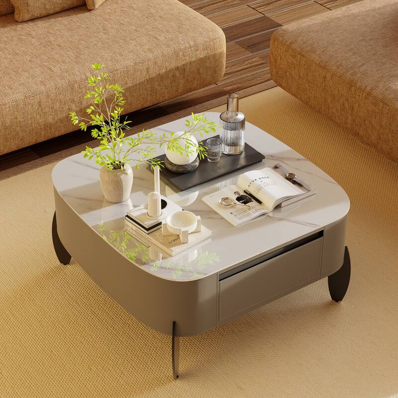 Rounded Square Sintered Stone Coffee Table Microfiber Saddle Leather - 32"
