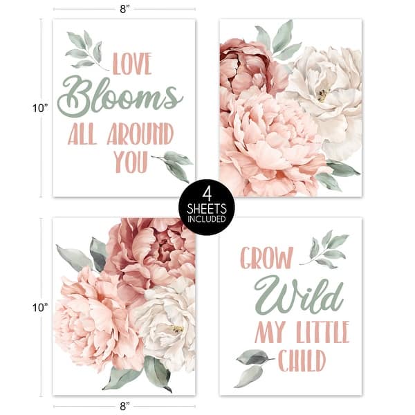 Boho Shabby Chic Floral Girl Wall Decor Art Prints 4pc Ivory Bohemian Vintage Garden Watercolor Flower Nature Elegant Dusty Rose