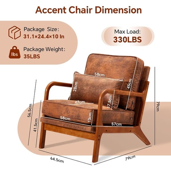 dimension image slide 0 of 2, EROMMY Mid Century Modern Accent Chair, Upholstered Lounge Armchair with Solid Wood Frame and Cushion for Living Room