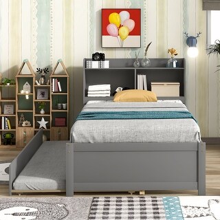 Twin Wood Platform Bed with Trundle, Versatile Platform Bed with Storage Headboard, Solid Wood Bedframe for Living Room Bedroom