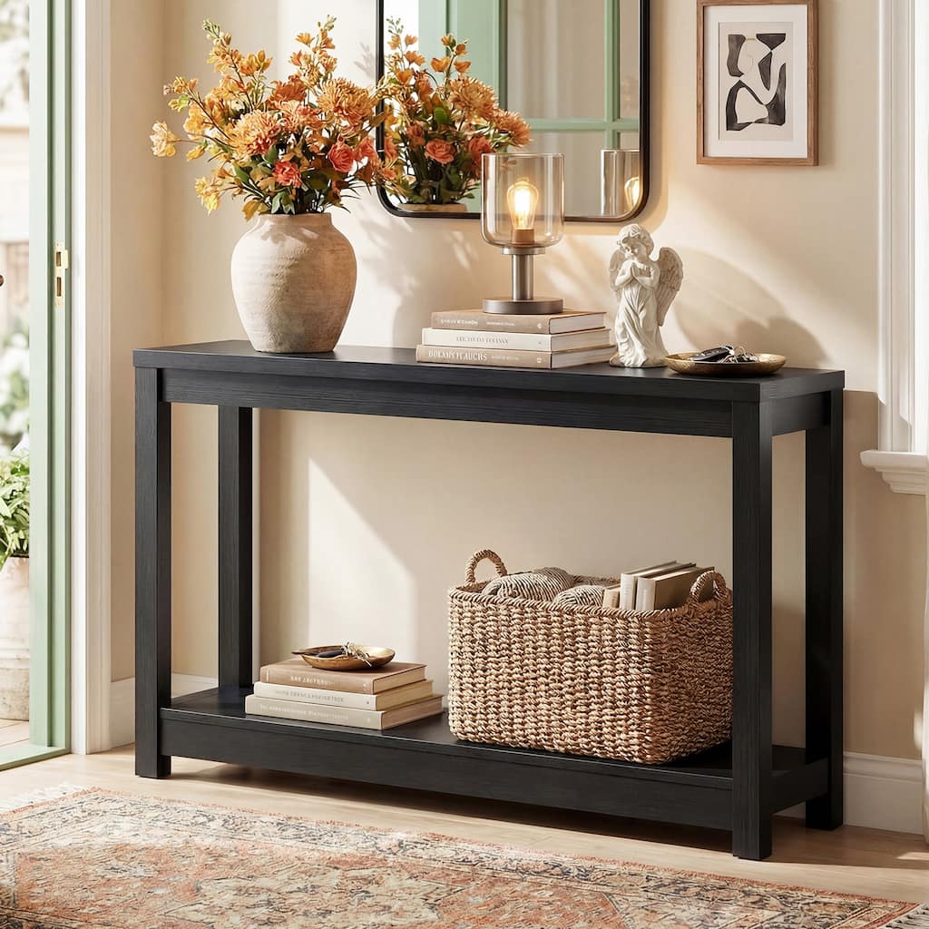 32''/ 47'' Farmhouse Black Thick Console Sofa Table, Wood Entryway Desk with Storage Shelf