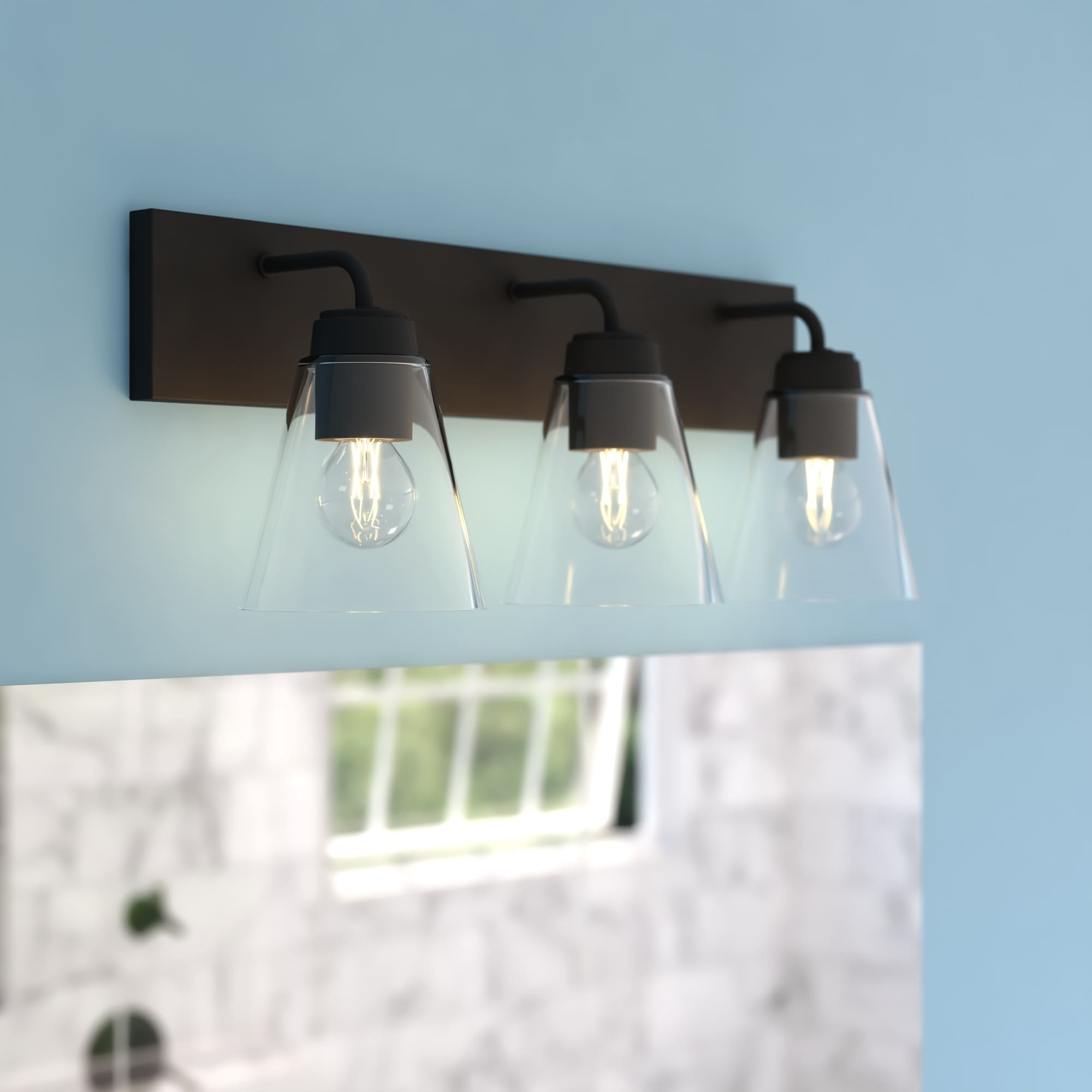 VAXCEL Lowell Bathroom Vanity Light, Clear Glass, Full Steel Backplate, Dimmable, Reversible Mount