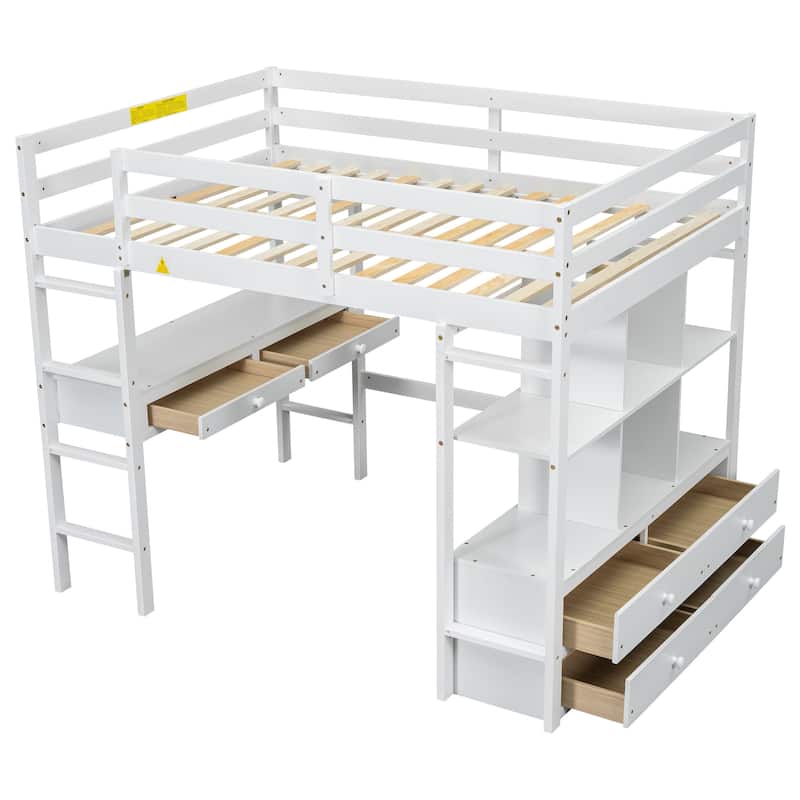 Full Loft Bed with Desk, Drawers, and Shelves, Sturdy Pine Wood Frame, Perfect for Study and Storage