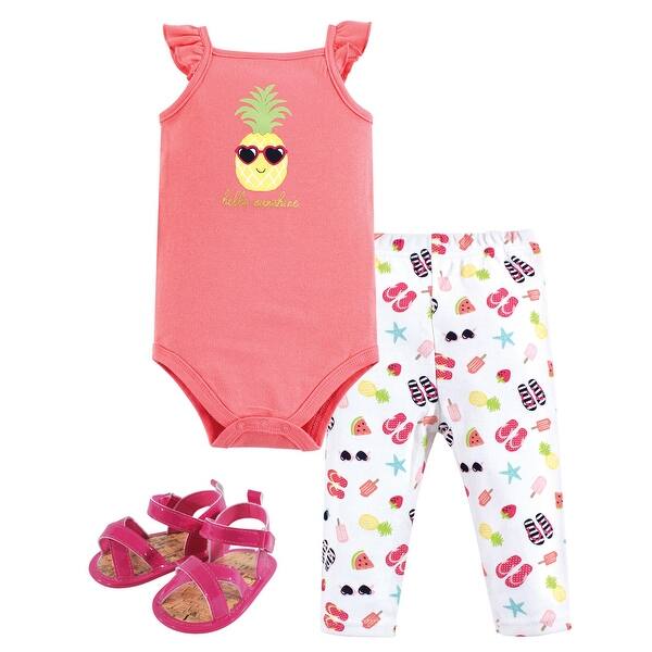 slide 1 of 1, Hudson Baby Infant Girl Cotton Bodysuit, Pant and Shoe 3pc Set, Hello Sunshine 0-3 Months - Hello Sunshine