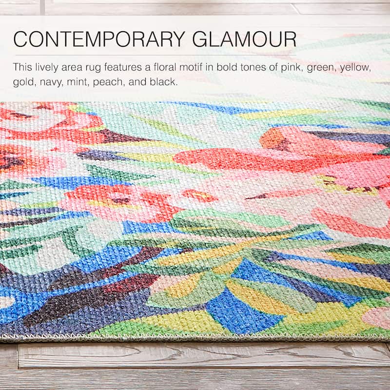 Lavatera Machine Washable Indoor/Outdoor Floral Area Rug.