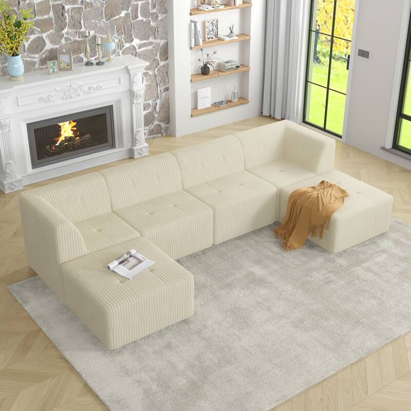 130.3" U-Shaped Corduroy Modular Sectional Sofa with Sleeper